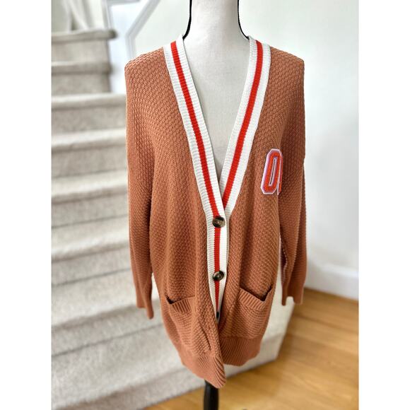 Aerie Burnt Orange Brown Waffle Oversize Varsity Stripe Cardigan - Picture 3 of 7